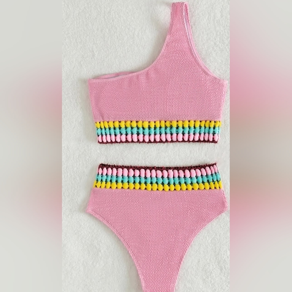 Pom Pom Tape Crinkle One Shoulder Bikini Set For Woman Size Med